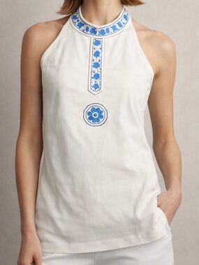 VTG DKNY Jeans White Halter Top with Blue Floral Beaded Detail